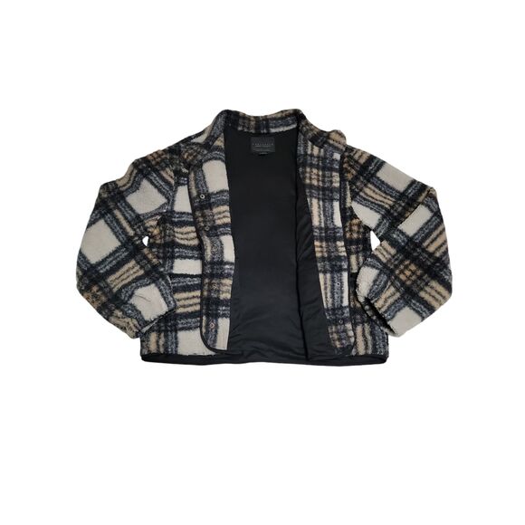 Sanctuary Toffee Plaid Faux Fur Jacket Long Sleeves Front Pockets Zipper Womens - Picture 5 of 8